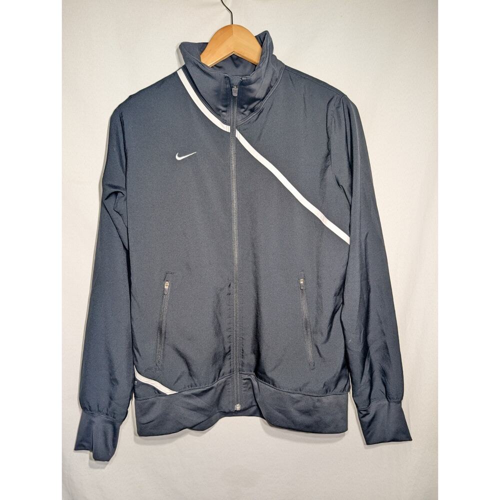 Nike Team‎ Black Full Zip Jacket Sweater M White Stripe Logo Mock Neck Nike Fit